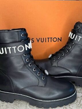 Louis Vuitton Black Leather Lug-Sole Ankle Boots with Branded Strap